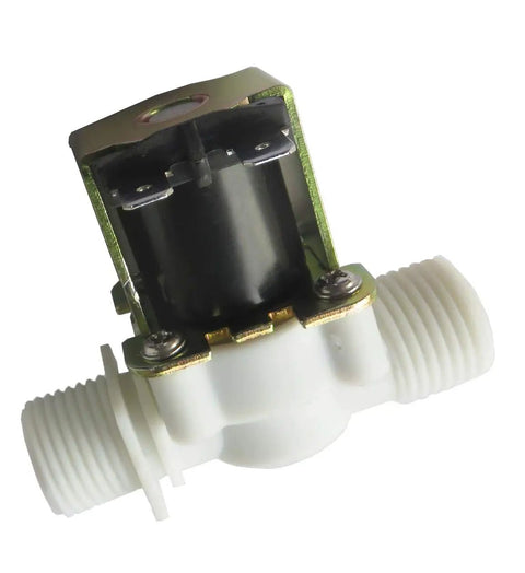 Digital LCD Water Flow Controller System With Hall Effect Flow Meter One Half Inch Connections And Normally Closed Solenoid Valve Plus 24 Volt Power A True Workhorse For Precise Quantitative Flow Control In Labs And Small Water Plants, featuring front view of solenoid valve and connectors.