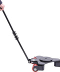 Heavy Duty Machinery Skates With Carbon Steel Frame And 360 Swivel PU Casters For Industrial Warehouse and Workshop Equipment Moving, seen from side with handle.