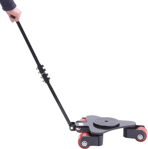 Heavy Duty Machinery Skates With Carbon Steel Frame And 360 Swivel PU Casters For Industrial Warehouse and Workshop Equipment Moving, seen from side with handle.