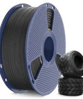 Spool of Crazy Fast Prints TPU Filament 1.75mm 1kg 95A Flexible Black for Most FDM 3D Printers, shown with printed wheels.