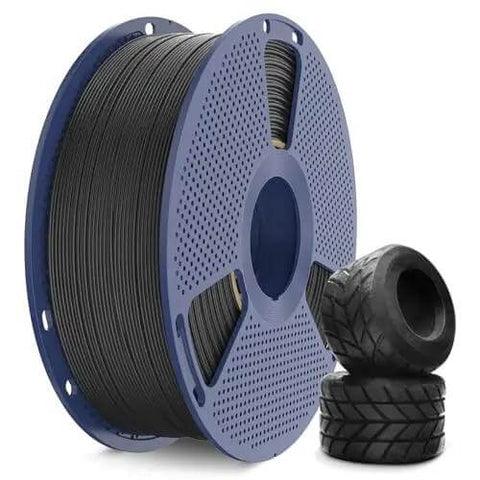 Spool of Crazy Fast Prints TPU Filament 1.75mm 1kg 95A Flexible Black for Most FDM 3D Printers, shown with printed wheels.