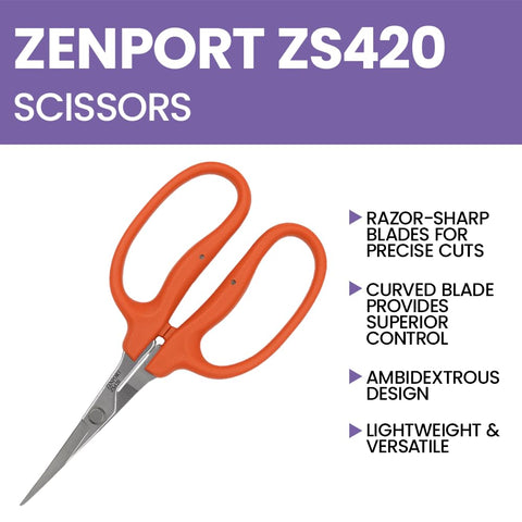 Curved Masamasa Scissors 10 Pack Workhorse Garden Tools For Precision Cutting, orange handles, stainless blades, side view.