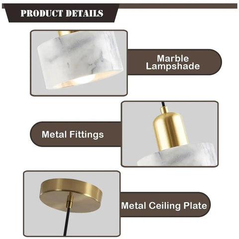 Straight Up Stylish Nordic Modern Marble And Stainless Steel Pendant Ceiling Light With E27 Bulb Socket single head hanging lamp details showing marble lampshade and metal fittings.