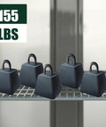 Five 155 lbs weights on a heavy duty shelf inside a 54 Inch Commercial Upright Freezer 49 Cu Ft Stainless Steel Reach In Workhorse.