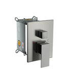Wall Mounted Square Shower System with Adjustable Flow control valve in brushed nickel with H and C indicators.