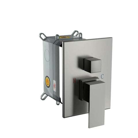 Wall Mounted Square Shower System with Adjustable Flow control valve in brushed nickel with H and C indicators.