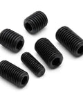 Rock Solid 5/16-18 X 1/2 Inch Set Screws 30 Pack Black Oxide 304 Stainless Steel Fasteners with hex heads in various sizes.