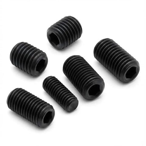 Rock Solid 5/16-18 X 1/2 Inch Set Screws 30 Pack Black Oxide 304 Stainless Steel Fasteners with hex heads in various sizes.