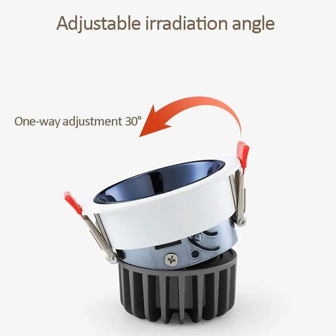 Adjustable 30° irradiation angle of 12 Pack 15W LED Recessed Lights Slick Dimmable Downlights with aluminum housing.