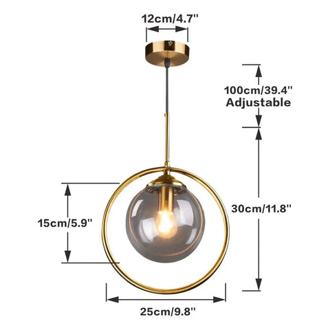 Dope Smoke Gray Glass Globe Pendant Light With Gold Rim, large minimalist ceiling fixture with measurements displayed.