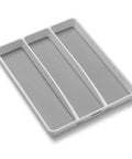 Three Compartment Utensil Tray For Kitchen Drawers With Deep Storage And Non Slip Lining, white plastic, side view