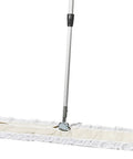 Heavy Duty Commercial Cotton Dust Mop, 60 Inch Wide Floor Sweeper For Warehouses And Gyms with white cotton head and silver handle.