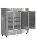 80 Inch Commercial Reach In Refrigerator Triple Door Stainless Steel Kitchen MVP Boasting 72 Cubic Feet Of Storage with open doors and shelves.