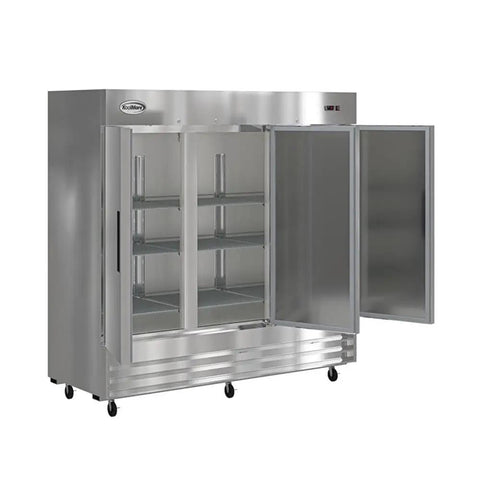 80 Inch Commercial Reach In Refrigerator Triple Door Stainless Steel Kitchen MVP Boasting 72 Cubic Feet Of Storage with open doors and shelves.