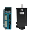 3-phase closed-loop stepper motor driver kit, front view: blue control unit and black NEMA42 servo motor.
