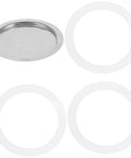 Espresso Maker Replacement Gaskets And Silicone Sealing Rings One Set For Coffee Pot Accessories Pro For Home Kitchen And Coffee Bar Barista Grade Silicone Seals That Fit Most Pots. Close-up of white silicone gaskets and stainless steel filter.