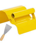 Yellow concrete curb trowel edger with ergonomic handle and stainless steel putty knife for edging projects