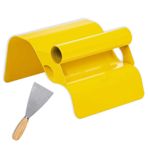 Yellow concrete curb trowel edger with ergonomic handle and stainless steel putty knife for edging projects