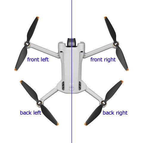 Top view of drone with labeled front and back motor arms, Front Arm Axis Hinge Shaft Replacement For DJI Mini 3 Pro And Mini 3 Drones shown