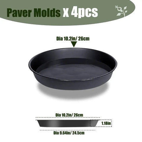 Round Stepping Stone Molds 4 Pack For Concrete, 10.2 Inch Diameter And 1.18 Inch Deep, Reusable Black Mold with Dimensions Displayed