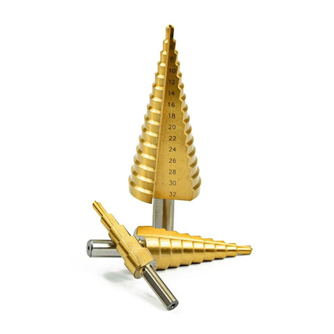 Knockout HSS Steel Step Drill Bits Set with precision center punch for heavy-duty cutting of metal, wood, and plastic.