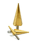 Heavy Duty Premium HSS Steel Step Drill Bit Set For Metric Hole Cutting Includes Center Punch, showing size markings up to 32mm.