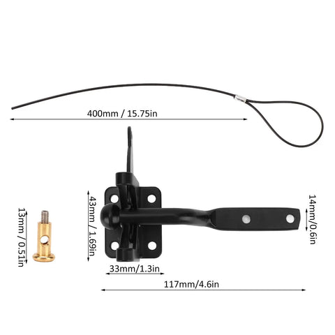Aramox Carbon Steel Fence Latch with Spring Lock for gate, 400mm length, durable black finish, includes installation screw.