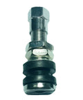 Motorcycle tire valve stem, silver metal with threaded shaft and rubber base