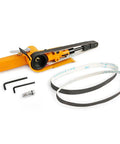 Heavy Duty Pneumatic Belt Sander Derusting Deburring Polishing Machine 20mm By 520mm with extra belts and tools for surface prepping.