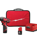 Hella Compact And Ridiculously Slick 12V Cordless Driver Drill Kit With Variable Speed Trigger Quick Change Chuck 175 Inch Pounds Torque And Real Time Battery Fuel Gauge in red carrying case with charger and battery.