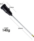 All-In-One Soil pH And Moisture Meter For Garden, Lawn And Farm Use, with 295mm probe, 140g weight, showing dimensions.