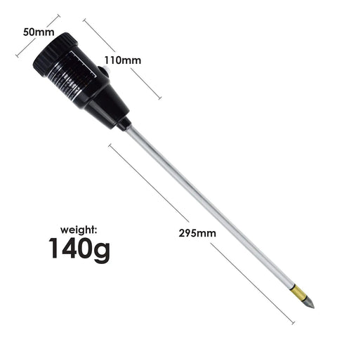 All-In-One Soil pH And Moisture Meter For Garden, Lawn And Farm Use, with 295mm probe, 140g weight, showing dimensions.