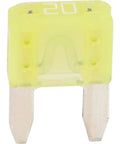 Premium 20 Amp Yellow Atm Fast Acting Blade Mini Fuse close-up showing yellow fuse and metal prongs for vehicle electrical systems.