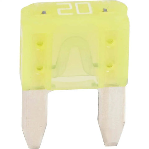 Premium 20 Amp Yellow Atm Fast Acting Blade Mini Fuse close-up showing yellow fuse and metal prongs for vehicle electrical systems.