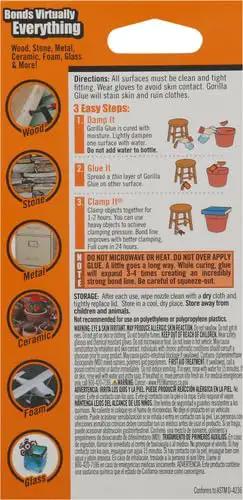 Heavy Duty Waterproof Polyurethane Wood Glue and Multi-Purpose Strong Adhesive that Bonds Wood Metal Stone Glass and More Like Crazy while Expanding to Fill Gaps in 2 Ounce Container directions on packaging showing bond capabilities.