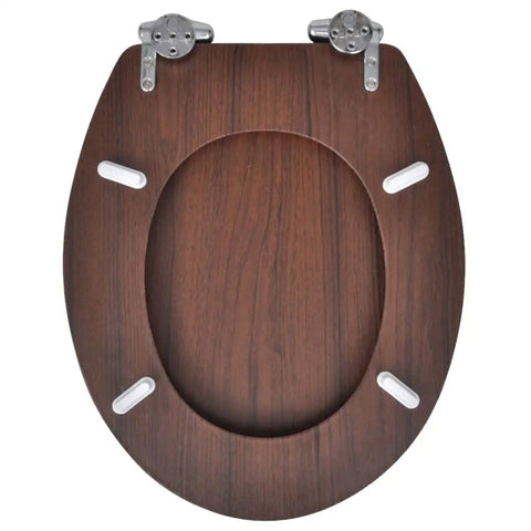 Heavy Duty Soft Close Toilet Seats Crafted From Dense Mdf Featuring Quiet Shutting And Rich Brown Hue For A Seamless Bathroom Glow Up That Is Truly Nailed To Perfection, top view showing brown MDF seat and hinges.
