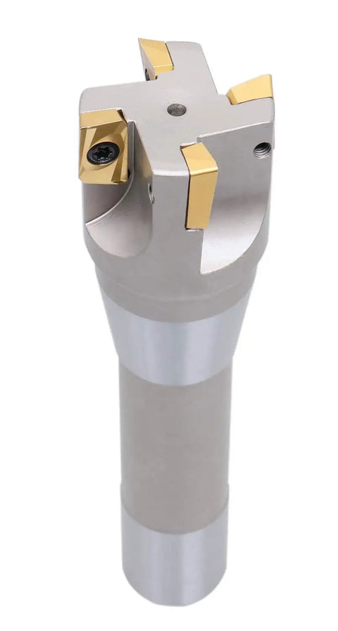 1-1/2 Inch Diameter Indexable End Mill With 6-1/8 Inch OAL, 90 Degree R8 Shank, Four APKT1604 Carbide Inserts Tin Coated, Right-Hand Cut, 90 Degree Cutting Angle, Inserts Installed, No Coolant