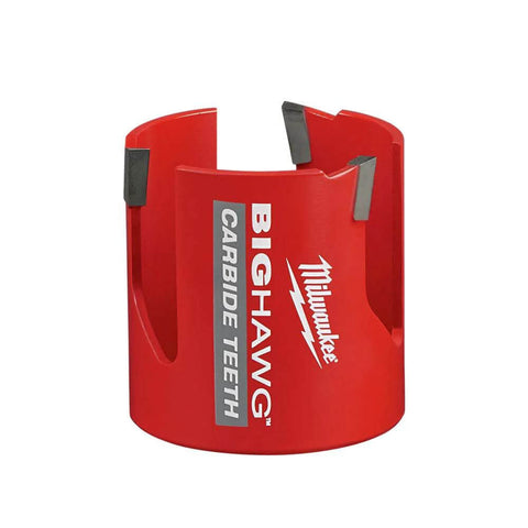 Milwaukee Big Hawg hole saw with carbide teeth, red housing, front view