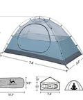One Person Ultralight Backpacking Tent Waterproof Double Layer Free-Standing Aluminum Poles shown with dimensions and packaging.