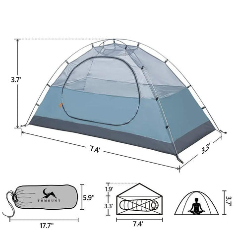 One Person Ultralight Backpacking Tent Waterproof Double Layer Free-Standing Aluminum Poles shown with dimensions and packaging.