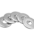 Stainless steel flat washers, 1/4 in ID x 1/2 in OD, Fender plain finish; five washers shown
