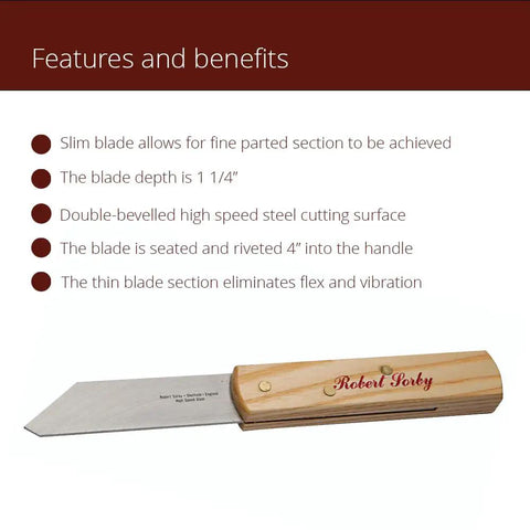 Thin Kerf Parting Tool for Woodturning, shown with ash handle and high-speed steel blade, highlighting features and benefits.