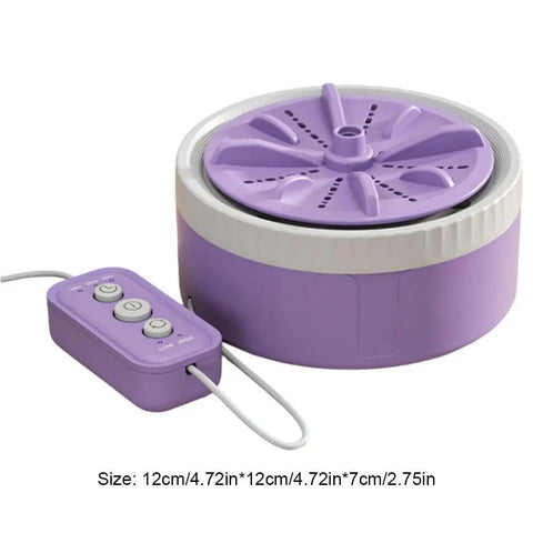 Portable Mini Washing Machine With USB Rechargeable Cordless Setup For Dorm And Travel Featuring Dual Turbine Agitator and Suction Base, compact design with control panel.