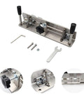 Rock Solid Knife Jig For Belt Grinder Sharpening With Double Arm Grip And Rust Proof Stainless Steel Build To Nail Edge Angles Every Time On Any Belt Sander Or Belt Machine For Fast Blade Prep Ready - close-up of assembly with tools.
