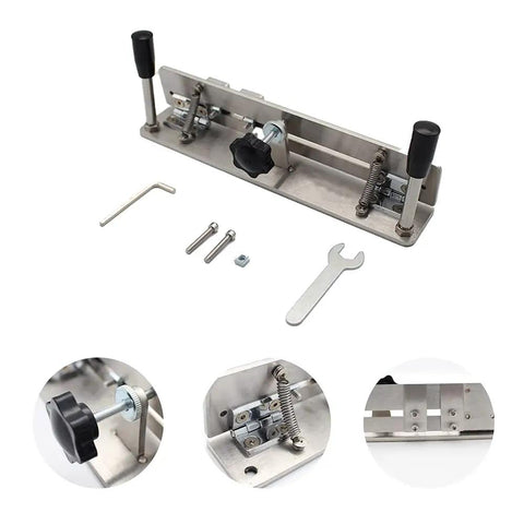 Rock Solid Knife Jig For Belt Grinder Sharpening With Double Arm Grip And Rust Proof Stainless Steel Build To Nail Edge Angles Every Time On Any Belt Sander Or Belt Machine For Fast Blade Prep Ready - close-up of assembly with tools.