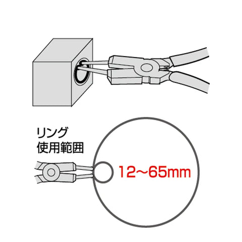 Diagram of Internal Snap Ring Pliers 7 Inch Straight Shaft C Type Tool showing use for ring sizes 0.4 to 2.5