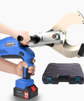 Person using Beefy Cordless Hydraulic Cable Cutter 150 To 250 kN Electric Wire Cutter with carrying case visible.