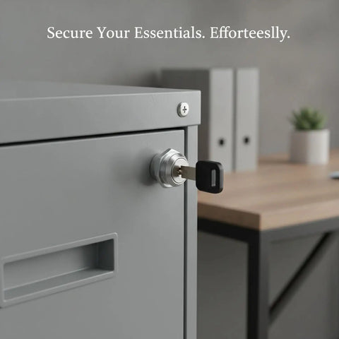 Multipurpose Iron Cam Lock for Metal Cabinets with key inserted, silver finish, securing office file cabinet