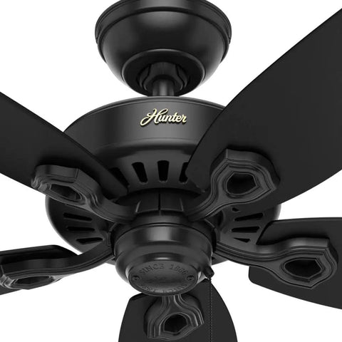 Close-up of 52 Inch Matte Black Ceiling Fan With Pull Chain No Light Damp Rated For Indoor Outdoor Use Standard Mount Five Blades Ideal For Patio Porch And Living Room showcasing fan blades and motor housing.