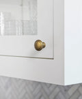 Six Pack Antique Brass Cabinet Knobs With Layered Edge Detailing Classic Round Drawer Pulls For Kitchen And Vintage Home Decor Farmhouse Chic Hardware To Level Up Any Dresser Or Cabinet on white cabinet in kitchen.